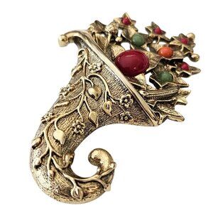1928 Brand Autumn Leaves Fall Cornucopia Brooch Lucite Cabochon Pin, J38